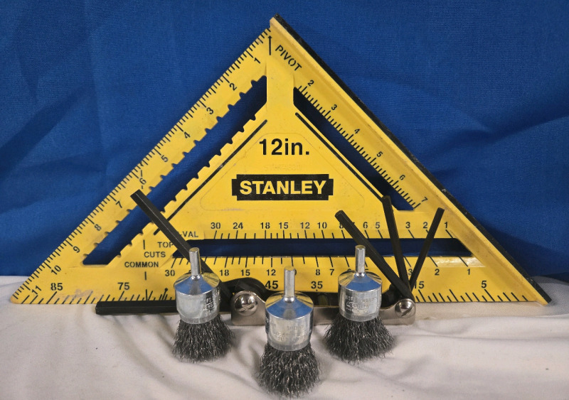 5 Pcs | Stanley 12" Square | Proto Folding 5 Piece Hex Key Set J4994 | & Osborn Abrasive 1¼" Crimped Wire End Brush for Cleaning, deburring on Cast Iron, Steel, Titanium, Nickel, 1/4" Shank for Rotary Tools