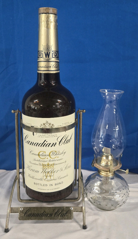 2 Pcs | 19" Tall Canadian Club Whisky Bottle W/ Metal Stand | & Glass kerosene Lamp W/ Wick