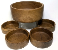 MCM Solid Teak Wood Salad Bowl & 4 Matching Serving Bowls | Largest 9.5" Diam x 3.75" Tall