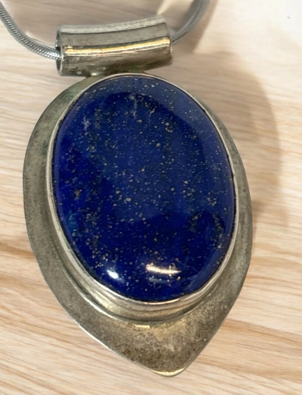 925 Sterling Silver Gold Flecked Lapis Lazuli Pendant 925 Italy 16 Inch Snake Chain Stamped