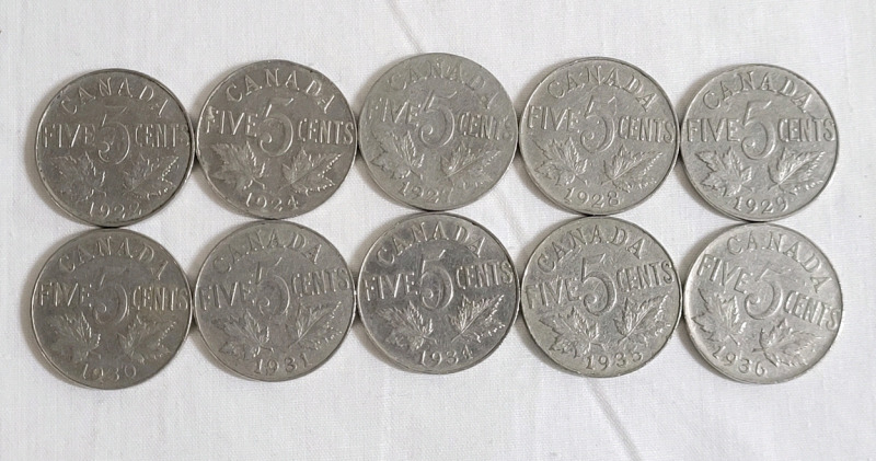 1922 - 1936 Canadian King George V Five Cent Nickel Lot . 1922 , 1924 , 1927 , 1928 , 1929 , 1930 , 1931 , 1934 , 1935 & 1936