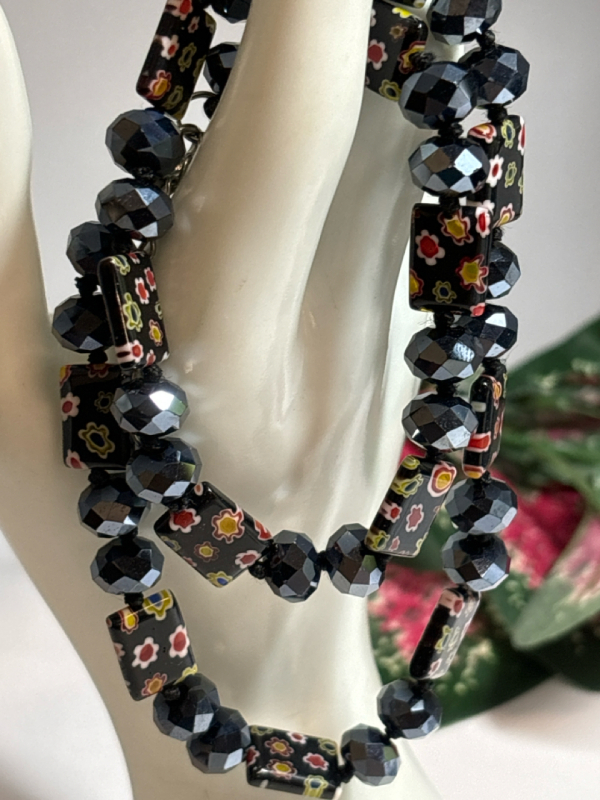 Murano Millefiori Glass Bead Necklace Jet Black Beads Millefiori Black Rectangles So Pretty