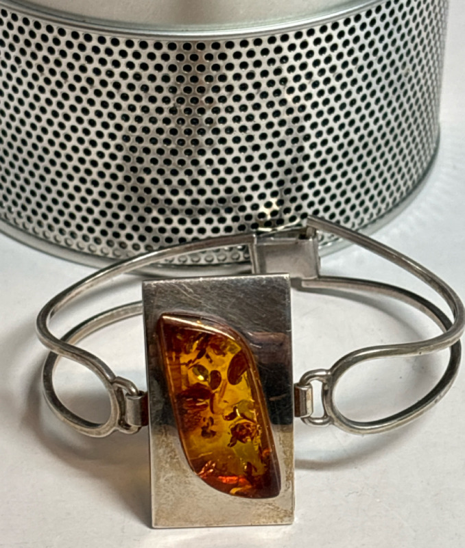 Sterling Modernist Baltic Amber Open Cuff Bracelet