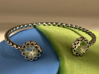 Stunning Signed Swan Swarovski Blue Green Crystal Open Cable Cuff Bracelet