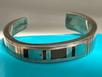 Important Sterling Signed Aaron Toadlena Turquoise Black Onyx Substantial Open Cuff Bracelet