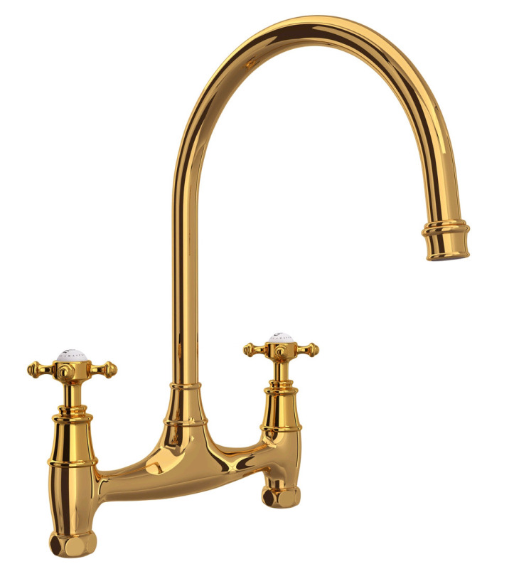 New - Perrin & Rowe Georgian Era Bridge Kitchen High Spout Faucet , Unlacquered Brass . Swivel spout , 2-hole installation . Model # U.4790X-ULB-2 . Faucet Only . Retails $1800