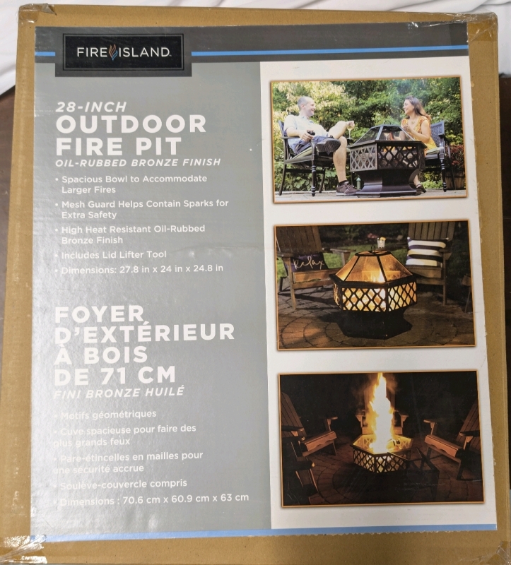 New in Box Fire Island 28-inch Hexagonal Bronze Steel Wood-Burning Fire Pit Includes Lifter Tool Retails For $200