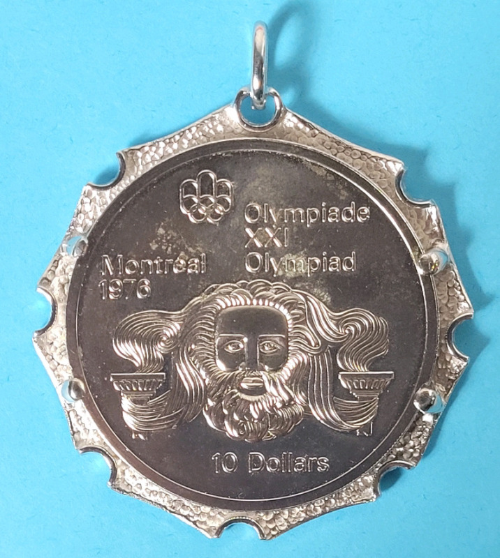 1974 Canada Silver Summer Olympics $10 Ten Dollar " Head of Zeus " Coin Medallion Pendant . Coin is .925 Silver & Pendant is also .925 Silver .