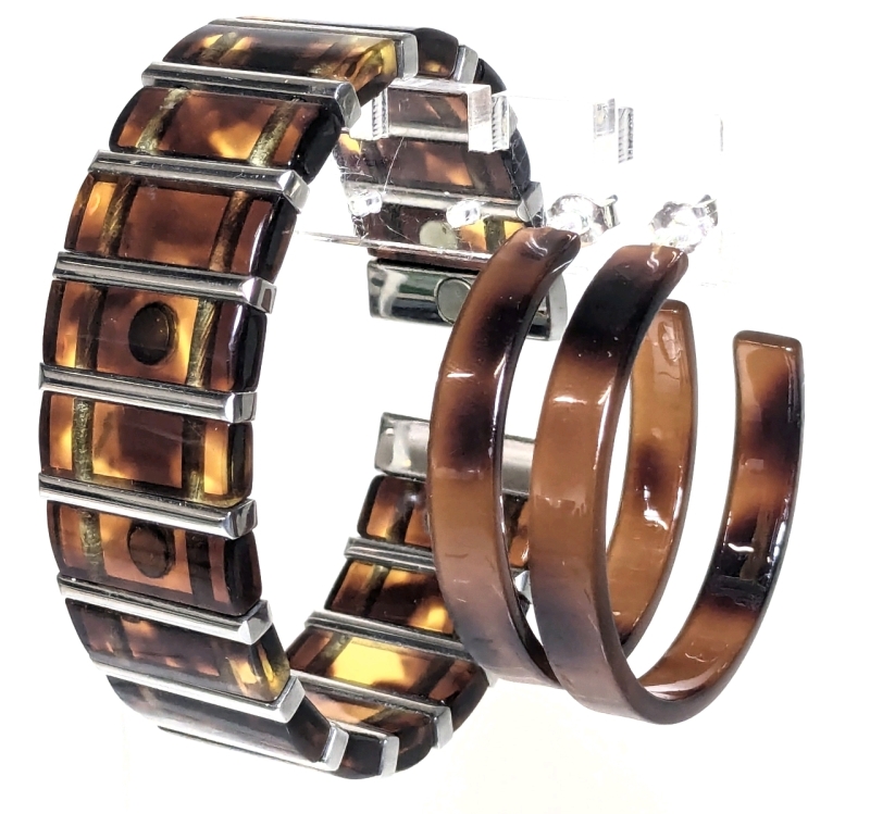 MCM Tortoise Shell-Style Hoop Earrings & Bracelet w Magnets | Bracelet 0.75" Wide x 7.25" Long