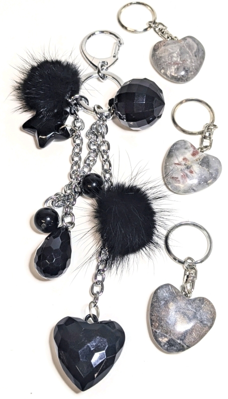 3 Heart-Shaped Polished Stone Keychains (3" Long) & a Very Long Keychain Festooned and Bedecked in Faceted Hearts, Tear Drops & Furry Balls (8.75" Long)