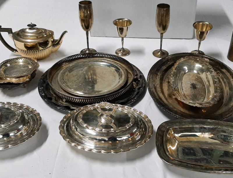 Large Silver Plate Lot, Largest Plate Measured at 17", Tallest cup at 9", Includes Platters, Bells, Gravy Boats