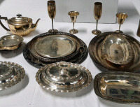 Large Silver Plate Lot, Largest Plate Measured at 17", Tallest cup at 9", Includes Platters, Bells, Gravy Boats