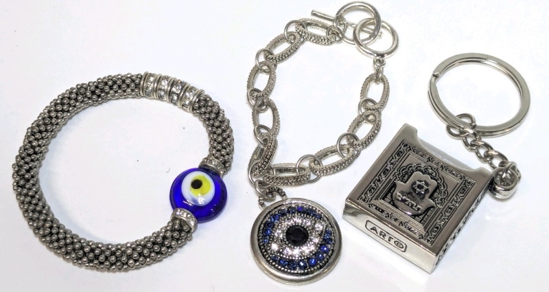 2 Hamsa / Evil / Lucky Eye Bracelets (1 Expandable, 1 Toggle) & Miniature Hebrew Psalms Book in Keychain Holder | Bracelet Measures 7.5" Long