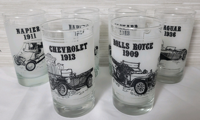 Vintage 6pc. Frosted Glass Automotive Classic Cars . Rolls Royce , Jaguar , Packard, Napier & Chevrolet . Glasses measure 5.5" tall