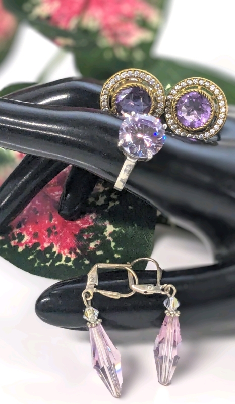 Gorgeous Amethyst & Long Faceted Purple Glass Earrings + Lovely Size 8.5 Sterling Silver Ring w Faceted Purple CZ Stone