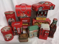 12 Coca Cola Collector Tins + 1994 Coca Cola Vendo Mini Music Refrigerator Vending Machine 7.25" Tall