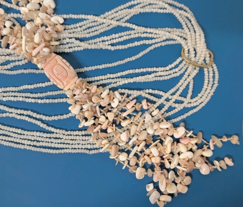 Gorgeous Powder Pink Conch Shell Carved Multi-Strand Necklace w Toggle Clasp (23") + Multi-Strand (8 Individual 34" Long Strands) White Beaded Necklace w Hinged Ring