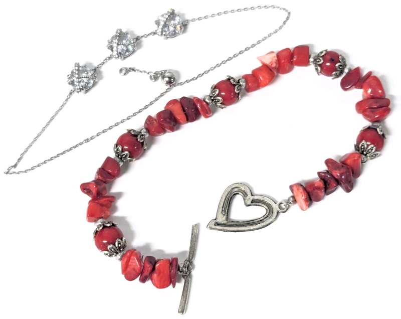 Vibrant Eye-Catching Red Coral Bracelet w Toggle Clasp (8") & Lovely Dainty Triple Clear Faceted Stone Bracelet w Bolo-Style Clasp