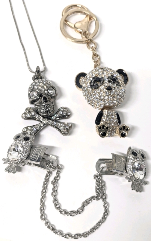 A Riot of Rhinestones! Adorable Chunky Panda Keychain, Skull & Crossbones Necklace w 17" Chain, Fantastic Owl Sweater/Collar Clip