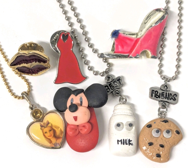 Vintage Barbie in Swan Lake Necklace (18"), Googly Eyes Milk & Cookies Best/Friend Necklace, Handmade Mickey Mouse Clay Pin, Hell Shoes Brooch & 2 Enamel Pins: Red Dress & Lipstick Print