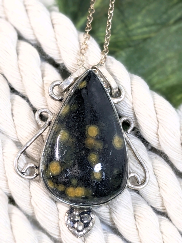 Lovely Polished Ocean Jasper Stone Necklace 925 Stamped Chain | 16" Long