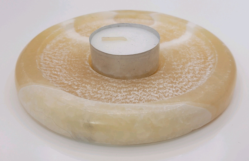 Beige / White Onyx Stone Circular Tealight Candleholder . Measures 4 3/4" diameter