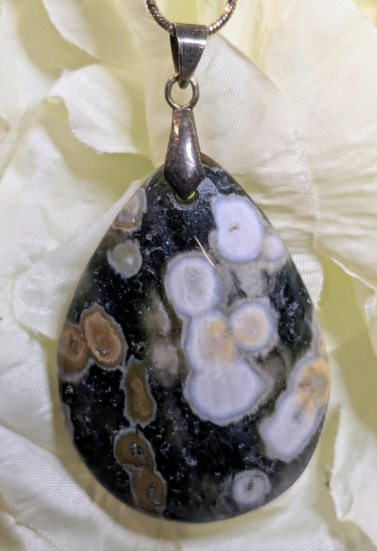 Orbicular Ocean Jasper Stone Necklace w 925 Sterling Silver Chain | 18" Long