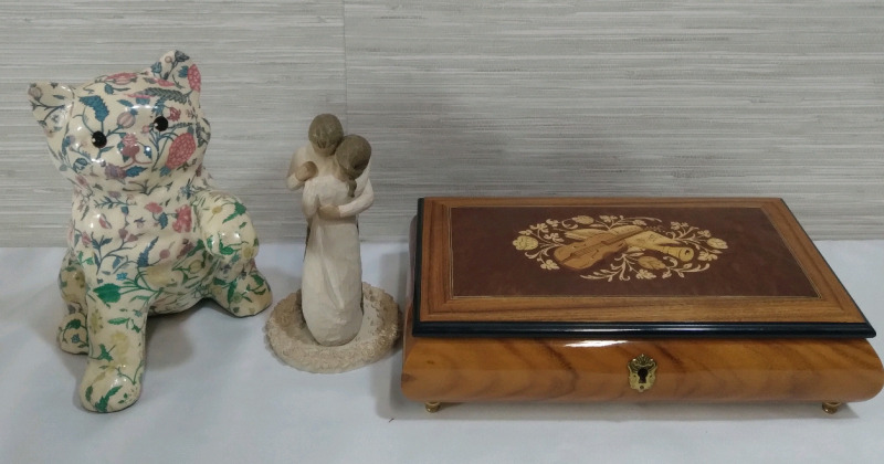 Mixed Home Decor Lot 10x7" Musicbox 7.5" Cat Figure & Willow Cake Topper Figure 6.5"