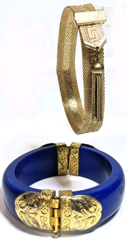 1970s Greek Key Design Gold Tone Articulated Flat Tassel Bracelet w Fold-Over Clasp & Striking Blue + Gold Tone Bracelet w Pin Clasp | Up to 8" Long