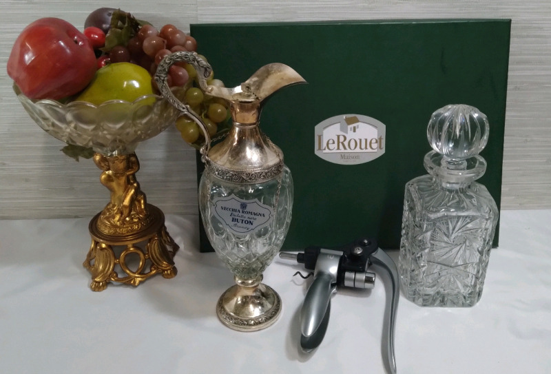 Kitchen Home Decor Lot Crystal Decanters 9"-10. LeRouet Coasters & Fake Fruit Display 9.5"