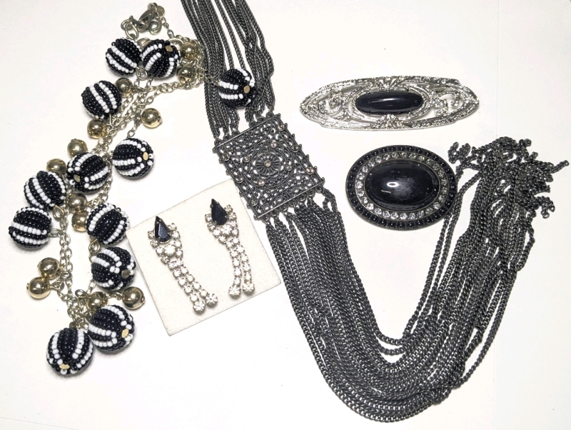 Dark Delights: Gunmetal Long-Tassel & Beaded B&W Necklaces, 2 Brooches & Dangly Dark Stone Rhinestone Earrings | Longest Necklace 32"