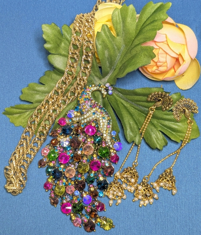 Oversized Multicolor Rhinestone Peacock Statement Pendant (4.25" Long), Gold Tone Long Dangly Peacock Earrings & Textured Gold Tone Chain (18")