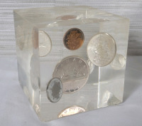 1963 Canadian Silver Coin Set Encased in Resin , Square Desk Paper Weight . Uncirculated