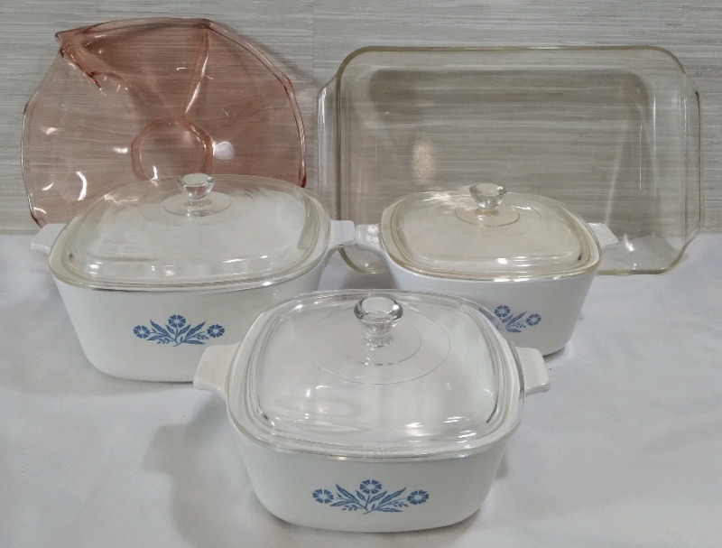 Home Kitchen Lot 3 CorningWare w/Lids Largest being 9", Glass Cooking Pan 16x9", Pink Depression Glass Platter 13"