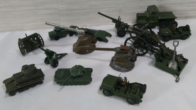 13 Miniature War Vehicles and weapons Figures Biggest being 4.5"