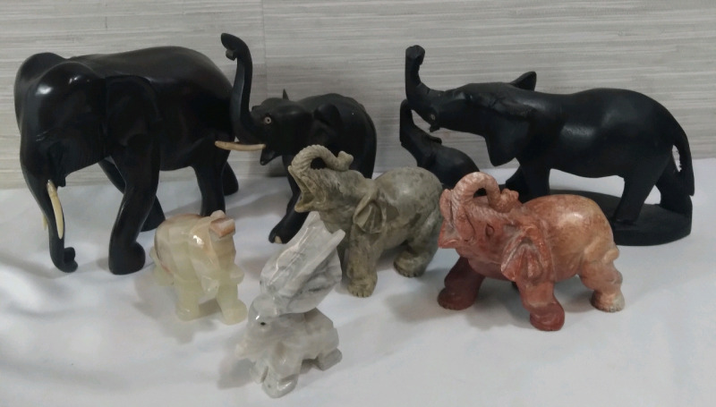 7 Wooden & Stone Hand Carved Elephants 4-6.5"