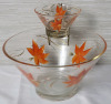 Retro Anchor Hocking Glass Chip and Dip Set w/Orange & Gold Leaf Motif w/ Brass Hanger . Some wear to gold trim - 2