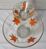 Retro Anchor Hocking Glass Chip and Dip Set w/Orange & Gold Leaf Motif w/ Brass Hanger . Some wear to gold trim - 3