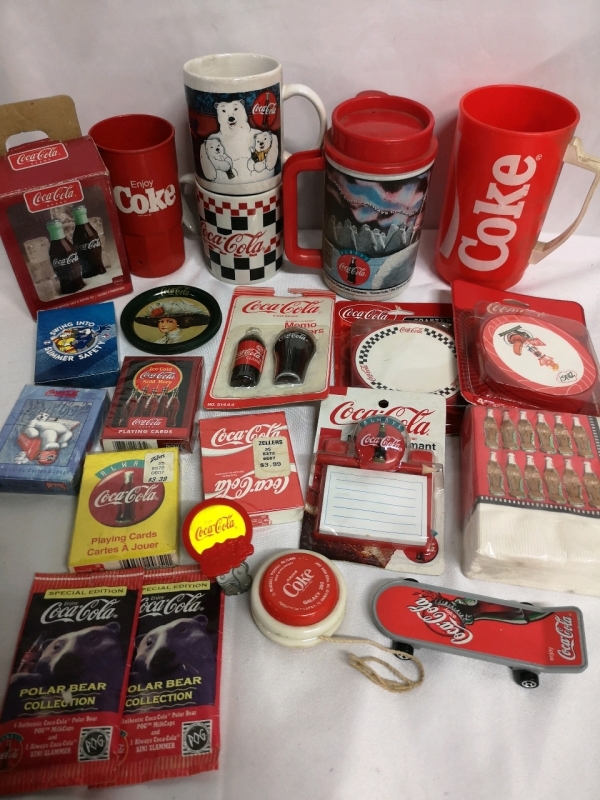 Large Coca Cola Collectibles - New & Not New Mugs, Coasters, Cards, Milk Caps ++