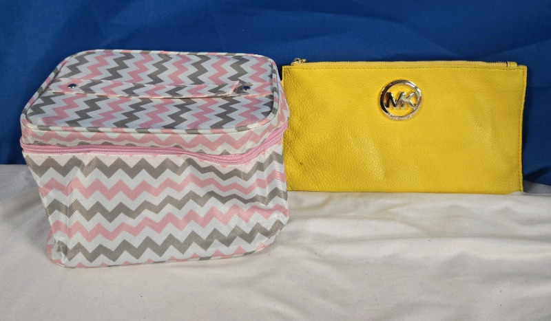 2 Pcs | Michael Kors Yellow Leather Like Wallet ( 10" x 5.5" ) | & Pink Makeup Bag ( 8 x 6.5" x 6" )