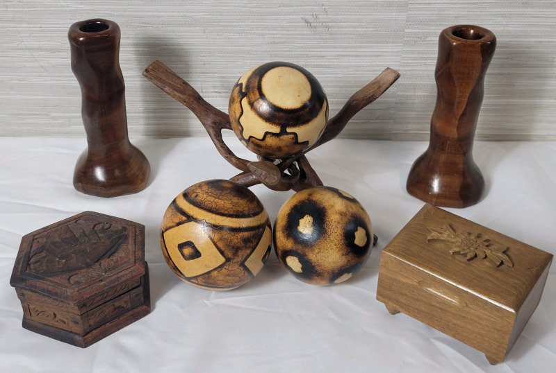 Home Decor Wooden Treasures . Wooden Tripod Stand , Wooden Musical Jewelry Box (working) , Natural Wood Candle Sticks 6.5" , 3 Wood Balls & Small Carved Wood Box