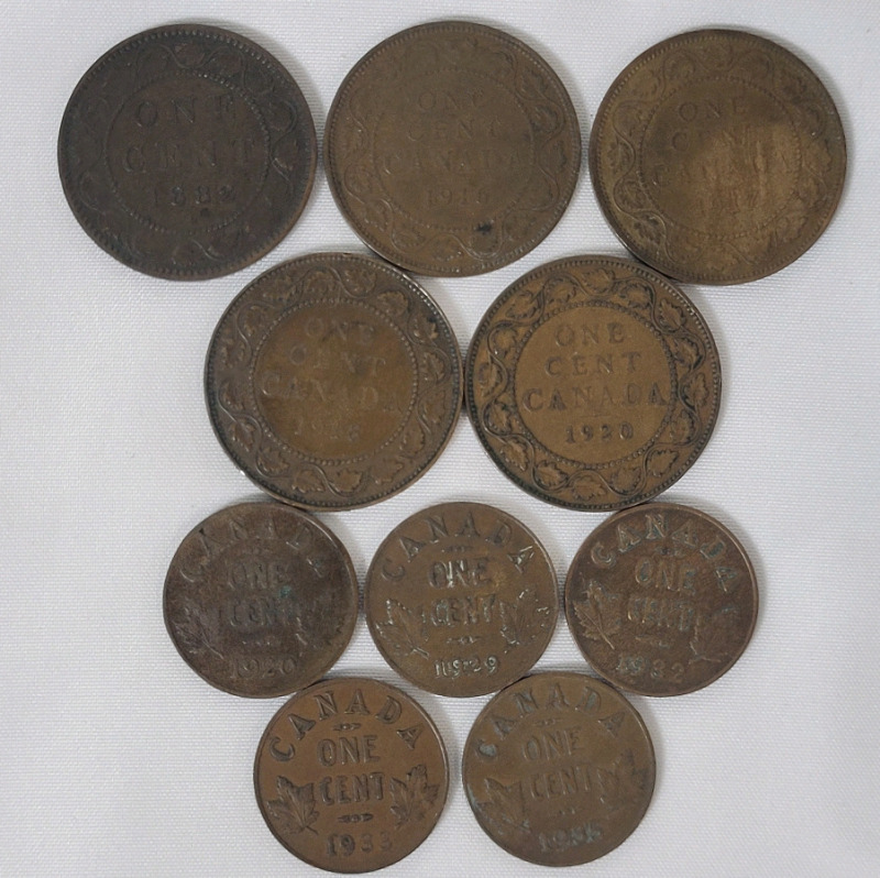 1882 - 1935 Canadian Large & Small One Cent Pennies . 1882 , 1916 , 1917 , 1918 , 1920 (large & small) , 1929 , 1932 , 1933 , 1935 . Ten (10) Coins