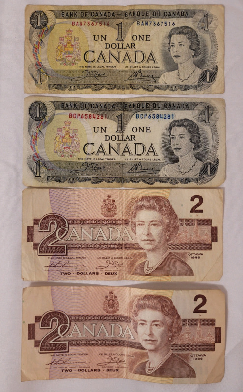 1973 Canadian Bank of Canada One Dollar Bank Notes (2) & 1986 Canadian Bank of Canada Two Dollar Bank Notes (2) . All Bank Notes have been in circulation