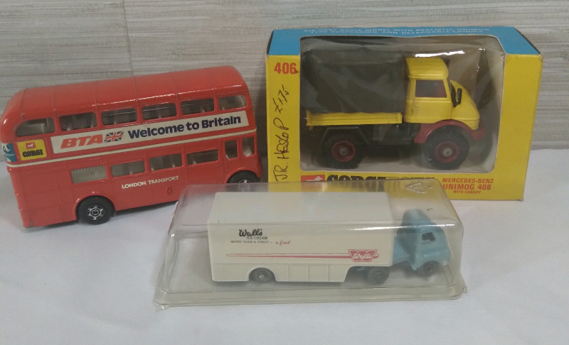 Miniature Diecast Trucks and Busses, Gorgi London Transport 4.5", GorgiToys Mercedes-Benz Unimog 406, Matchbox walli Ice Cream Truck 3.5"