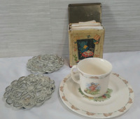 Assorted Kitchen/Dining Lot Recipe Tin, Royal Doulton Bunnykins Bone China Cup and Saucer, 5.5" Metal Coasters