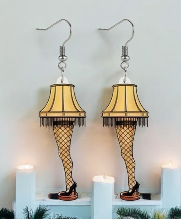 Christmas Story Creative Acrylic Mosaic Style Leg Lamp Fishnet Earrings Drop Dangle Pierced Sheppard Hook 2 x 1.75 Inch