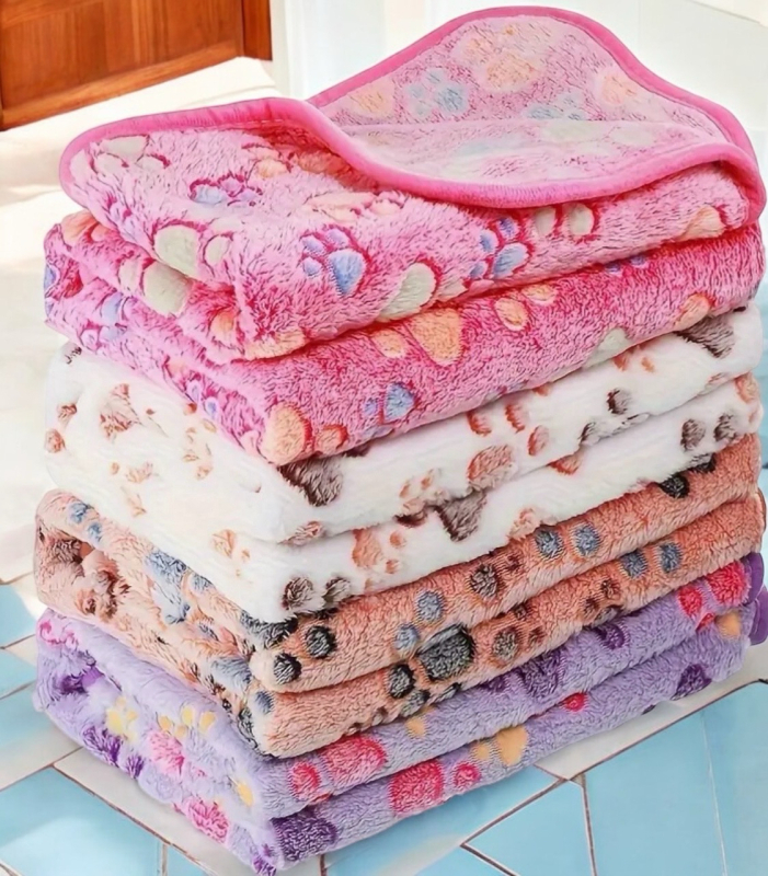 New 8-Pack Soft Plush Flannel Pet Blankets with Adorable Paw Print Patterns Machine Washable Cozy Sleeping Mats