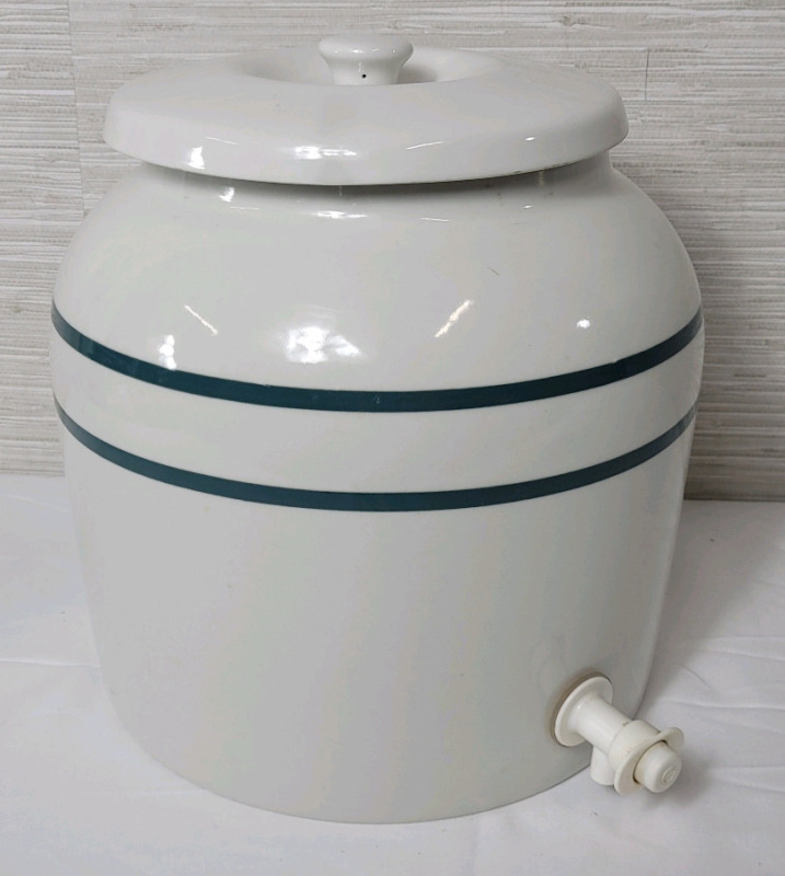 Porcelain Water Dispenser w/Classic Green Stripe Design . Measures 11" tall & 9.5" diameter .