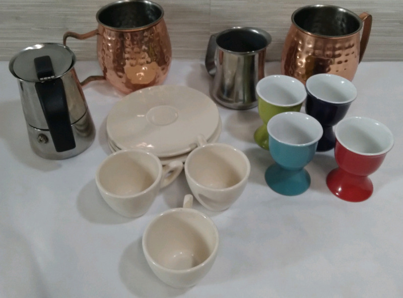 Various Cups, Mule Cup, Creamer Pot, Ceramic Cups and saucers, Egg Eating Cups