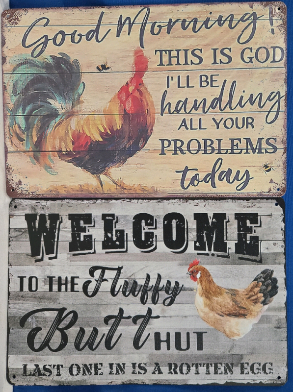 2 New | Metal Wall Sign W/ Chickens " Good Morning " & Welcome To The Fluffy Butt Club " | Both Measures 8" x 12"